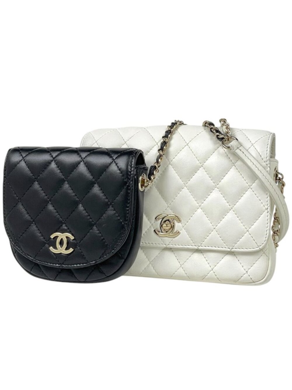 Chanel Shoulder Bag CC Logo Quilted Side Pack Leather White Black